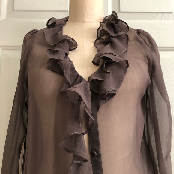 NWT Isabel Lu 💯 Silk Ruffle Sheer Covered Buttons Top Charcoal Size M - Picture 2 of 16